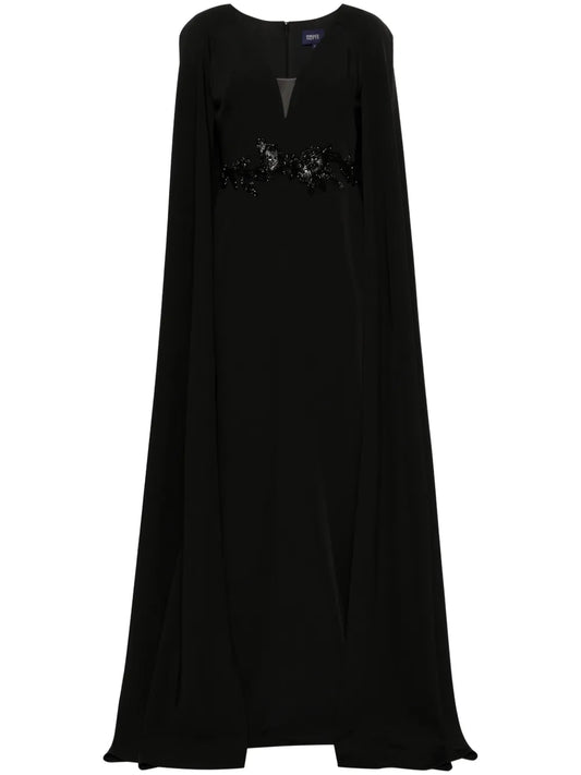 Floral-Appliqué Cape Gown