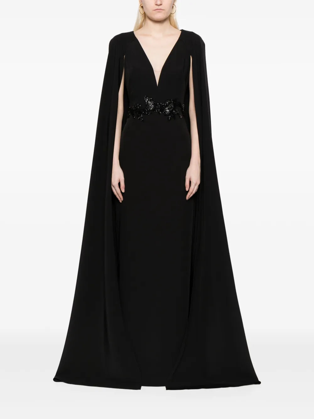 Floral-Appliqué Cape Gown