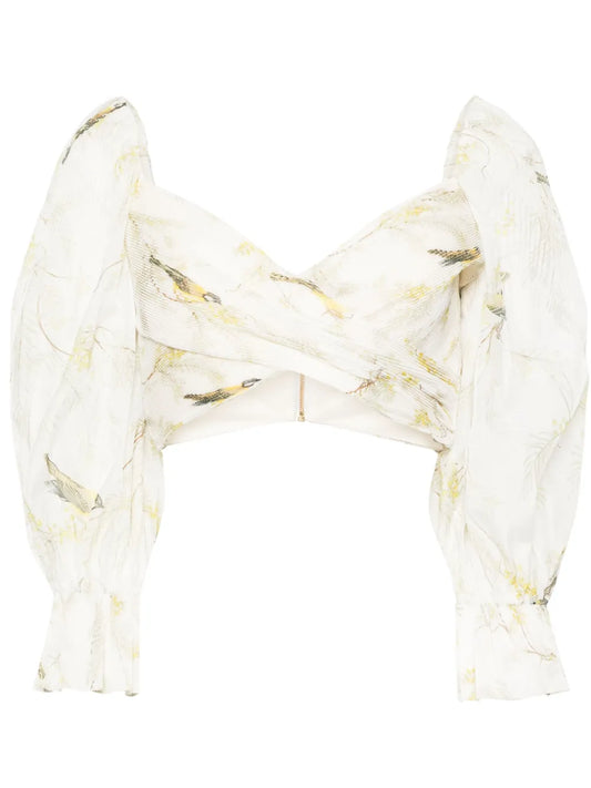 Acacia Birds-Print Cropped Blouse