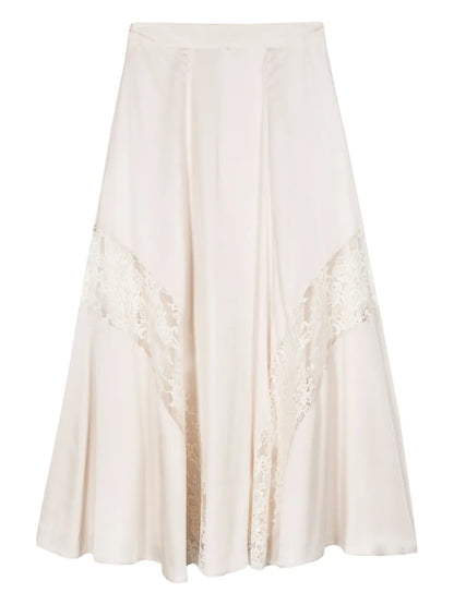 Lace-Detail Satin Midi Skirt