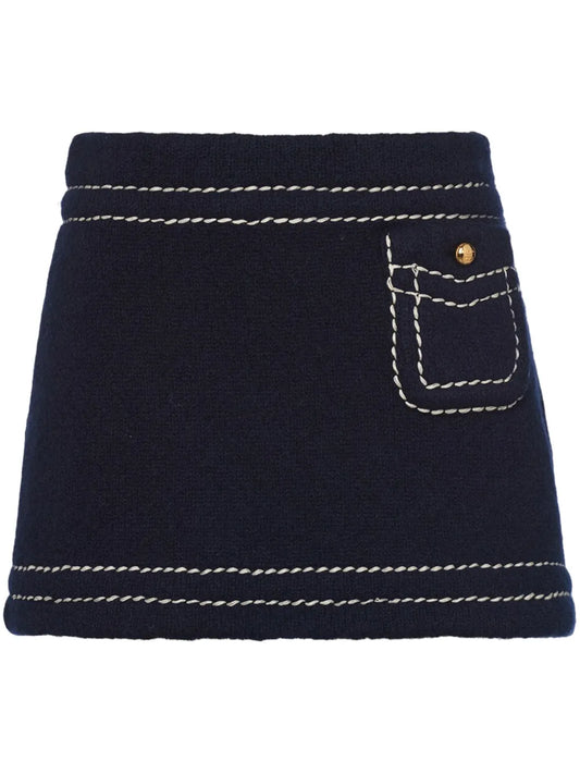 Contrast-Stitching Cashmere Miniskirt