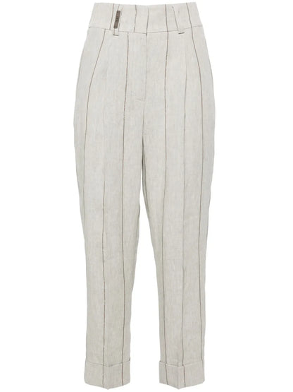 Pinstriped Linen Cropped Trousers