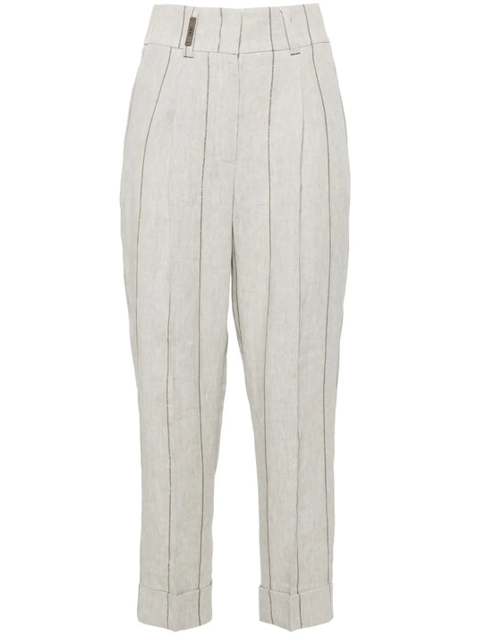 Pinstriped Linen Cropped Trousers