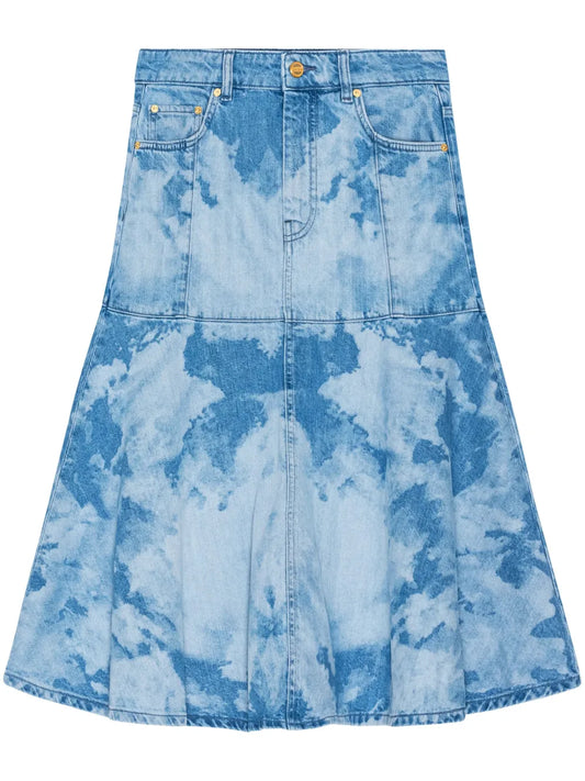Bleach-Effect Denim Midi Skirt