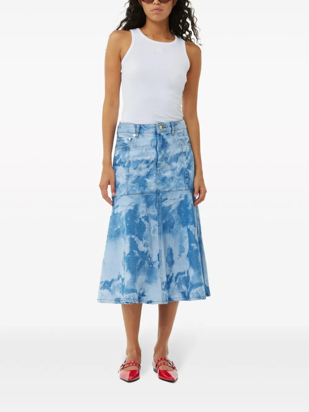 Bleach-Effect Denim Midi Skirt