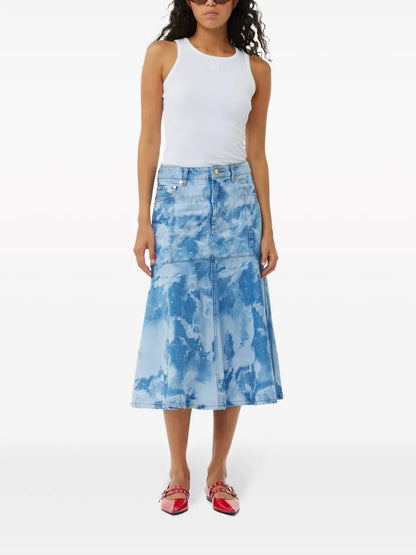Bleach-Effect Denim Midi Skirt