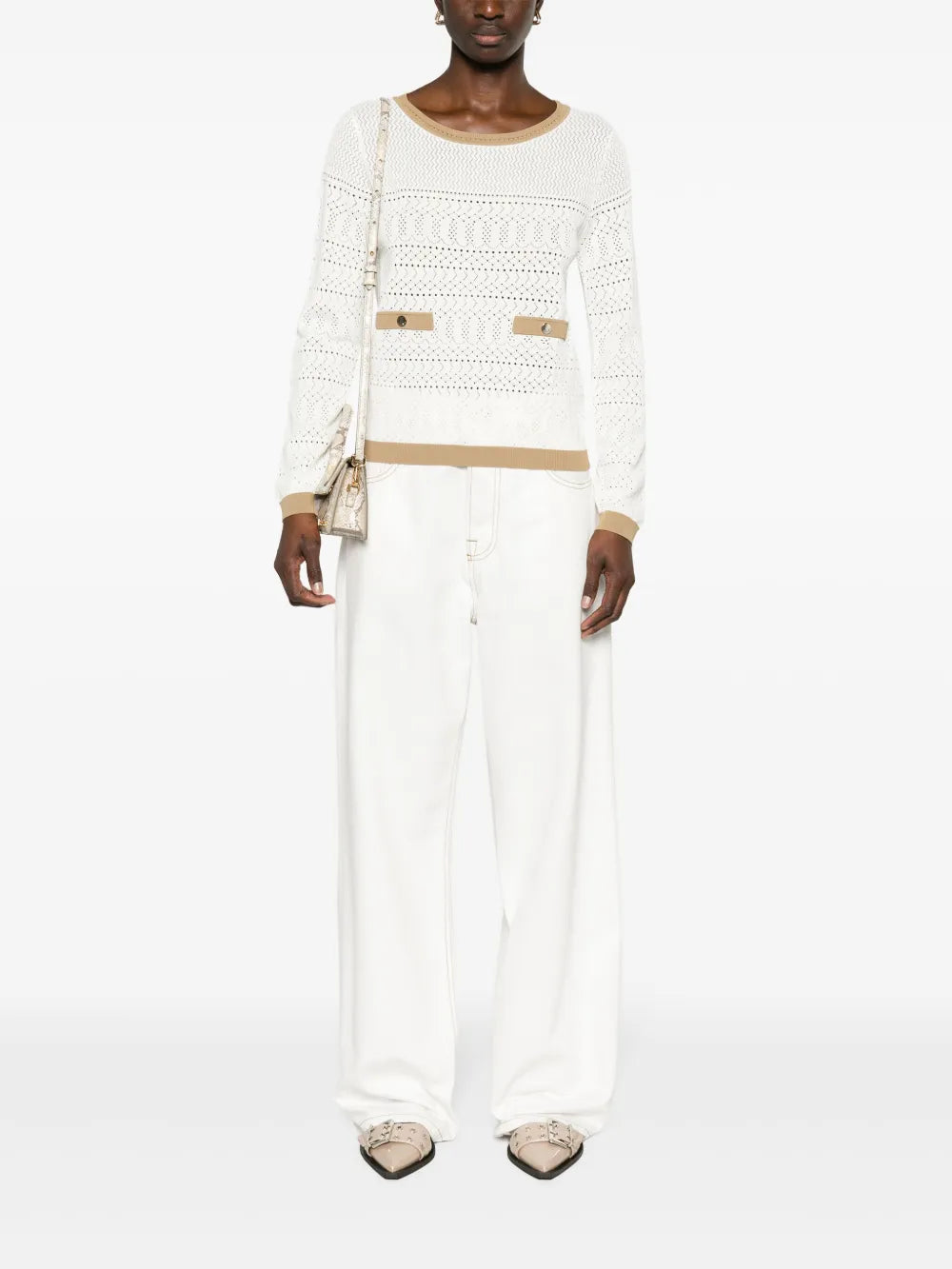 Long-Sleeve Pointelle-Knit Blouse