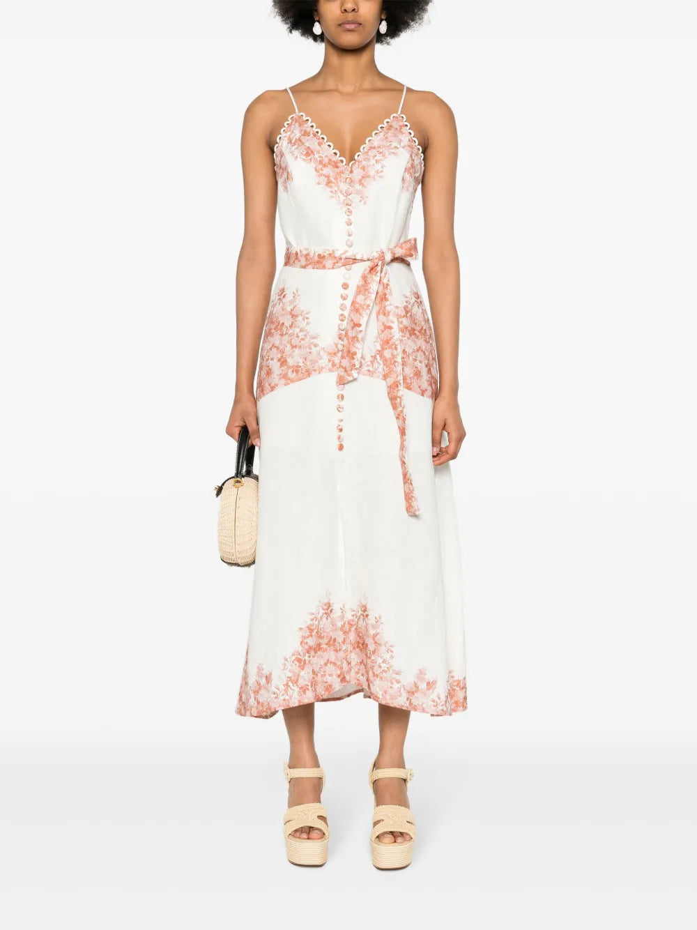 Floral-Print Linen Midi Dress