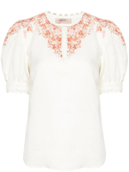 Floral-Print Chambray Blouse