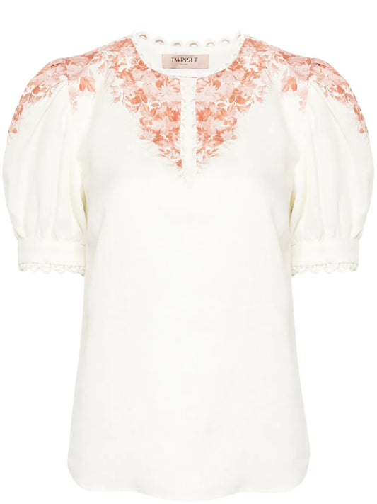 Floral-Print Chambray Blouse