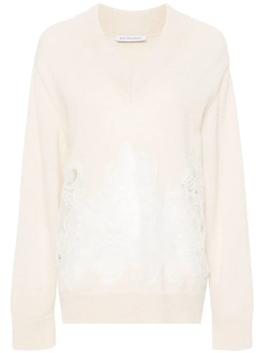 Lace-Detail V-Neck Jumper