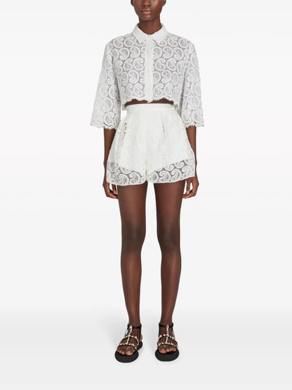 Paisley-Pattern Macramé Cropped Blouse