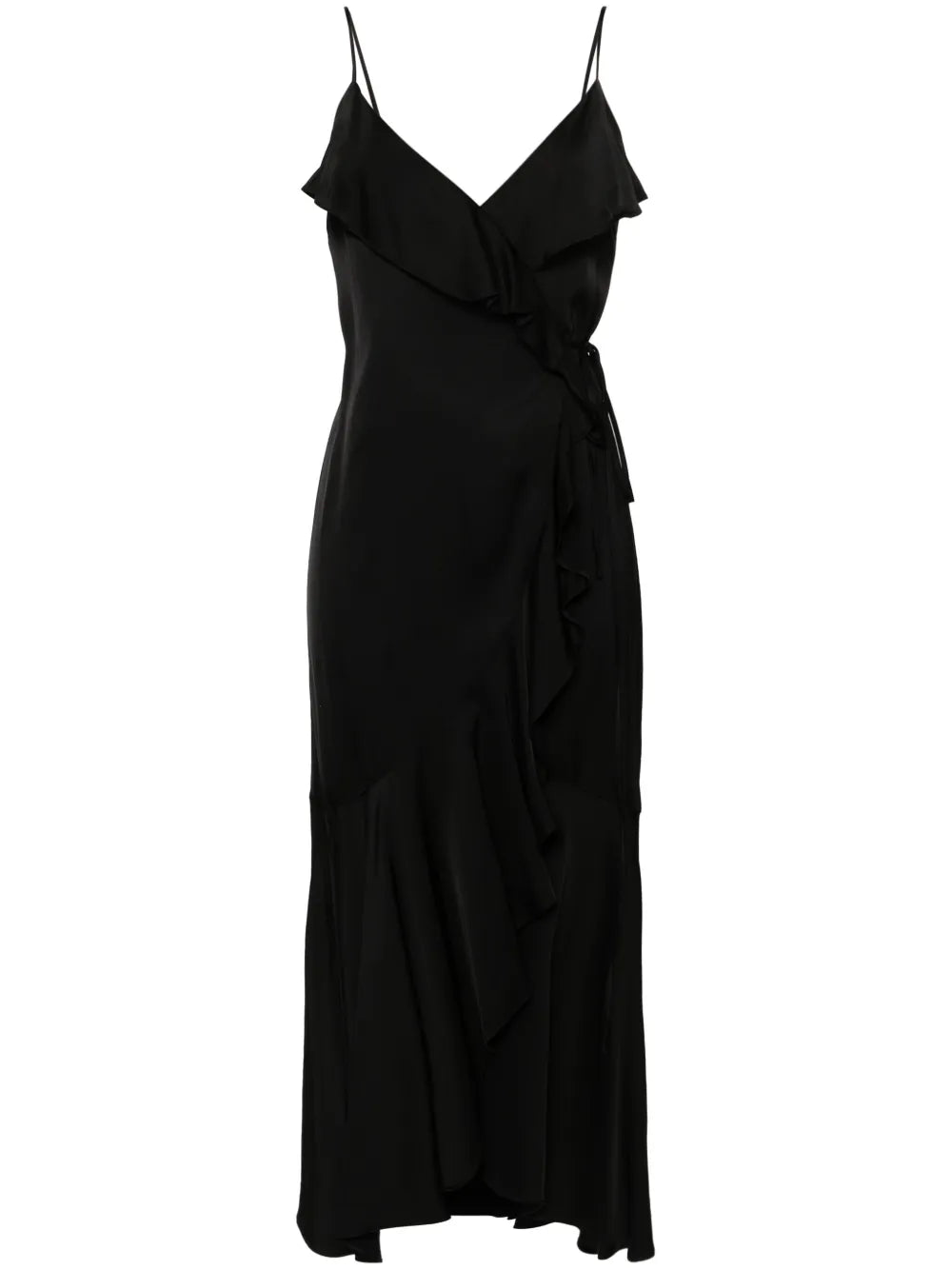 Ruffled-Detail Satin Midi Dress