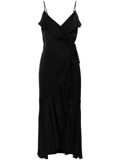 Ruffled-Detail Satin Midi Dress