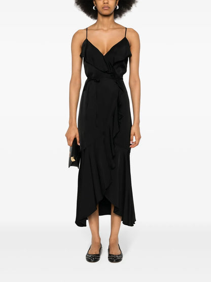 Ruffled-Detail Satin Midi Dress