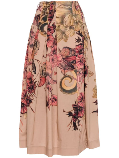 Pleated Floral-Print Midi Skirt