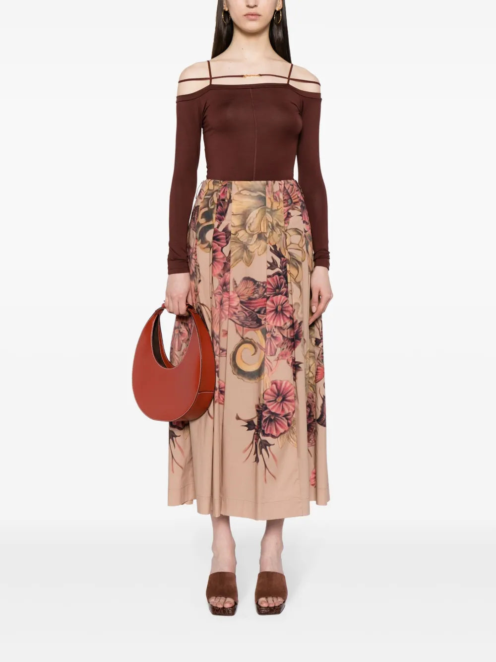 Pleated Floral-Print Midi Skirt