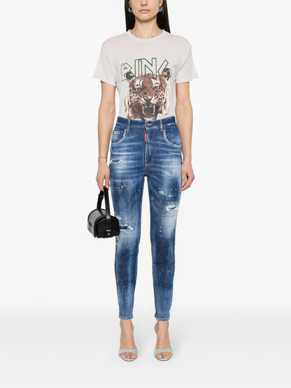 Paint-Splatter Distressed Tapered Jeans
