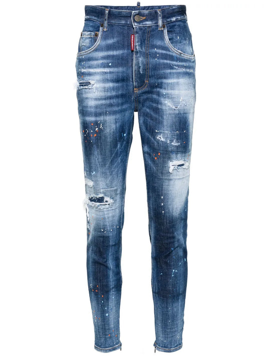 Paint-Splatter Distressed Tapered Jeans