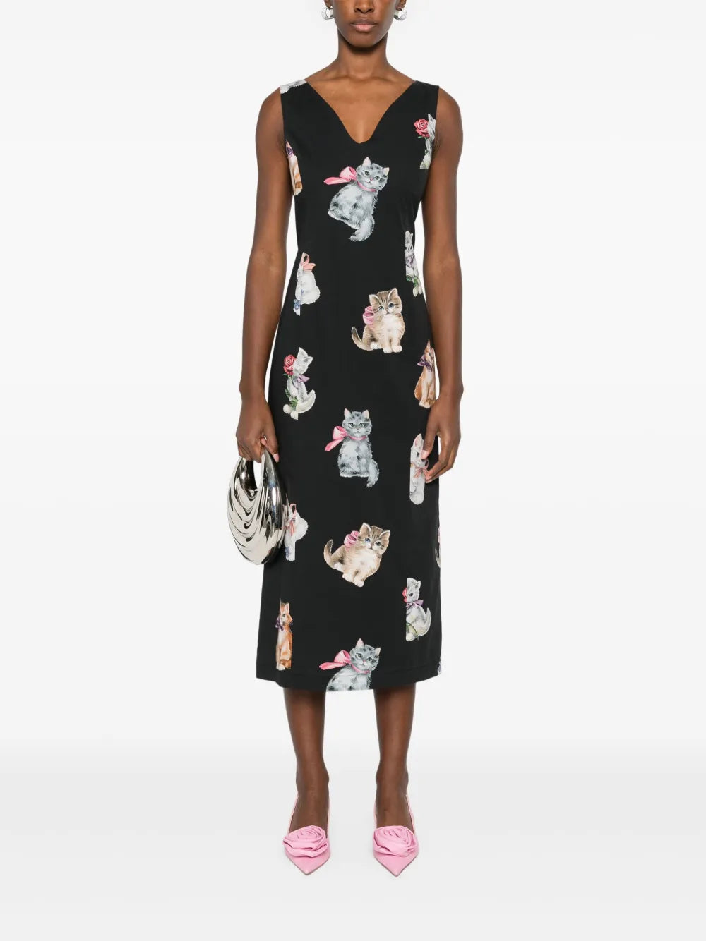 Cats-Print Midi Dress