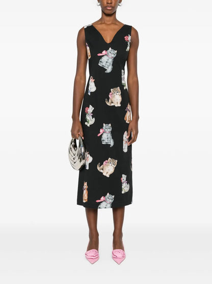Cats-Print Midi Dress