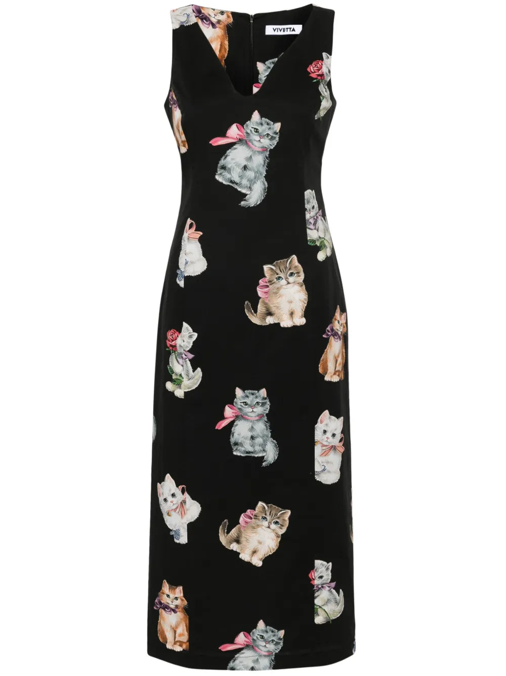 Cats-Print Midi Dress