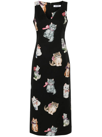 Cats-Print Midi Dress
