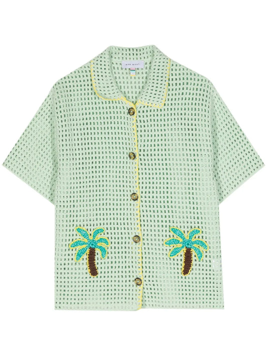 Palm Tree-Appliqué Pointelle-Knit Top