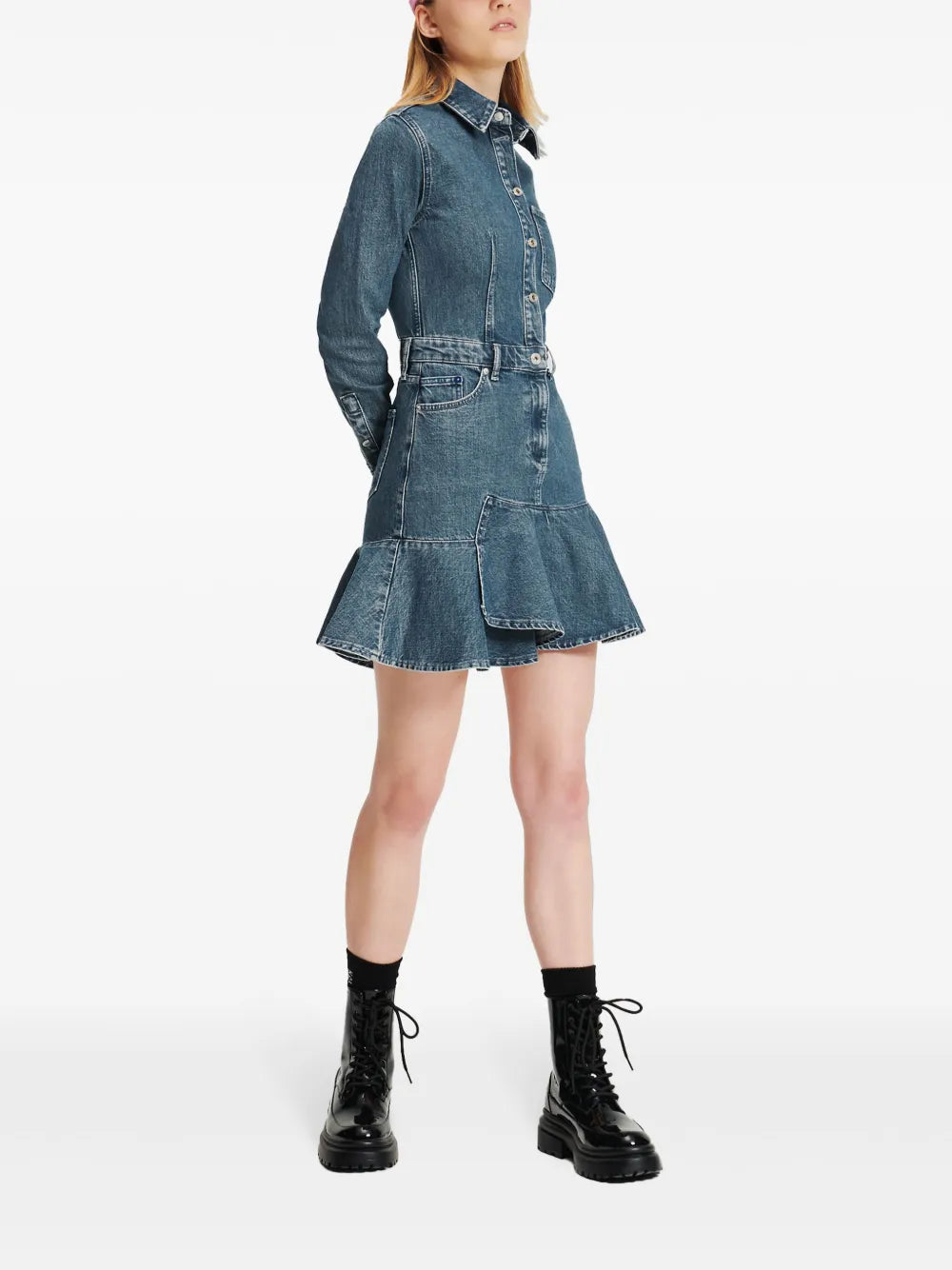 Ruffled Hem Long-Sleeved Denim Dress