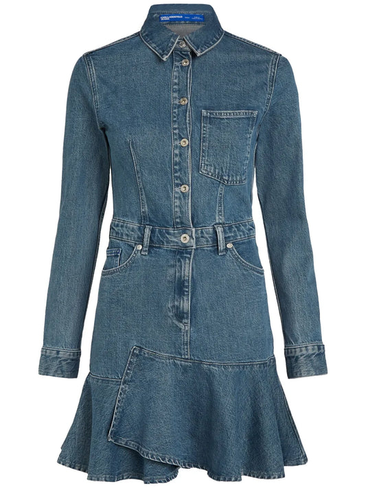 Ruffled Hem Long-Sleeved Denim Dress