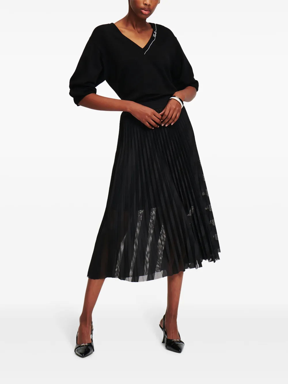 Pleated Mesh Midi Skirt