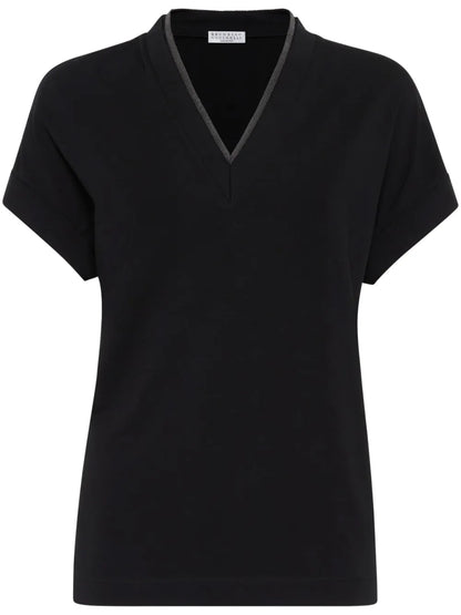 V-Neck Top With Metallic Detail At Neckline