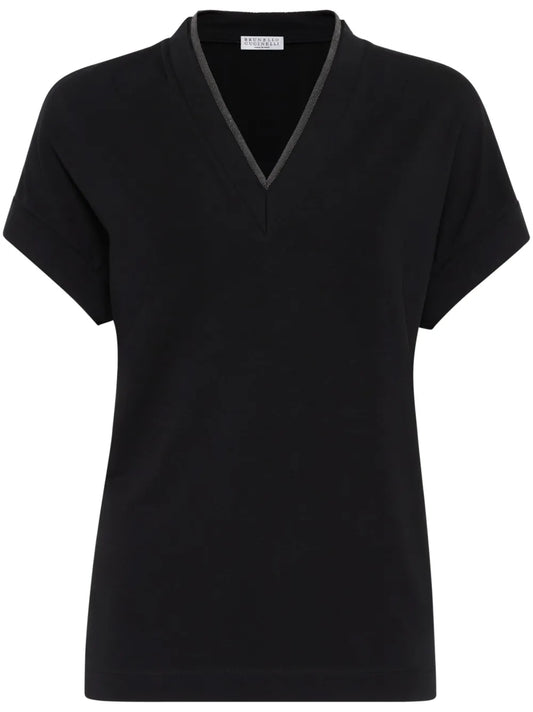 V-Neck Top With Metallic Detail At Neckline