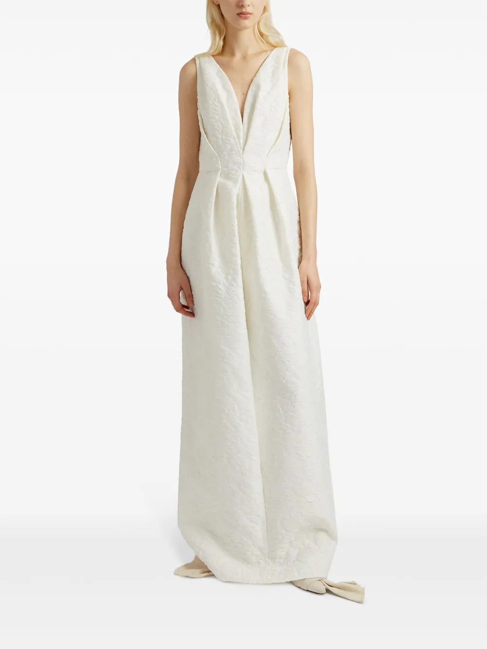 Gathered Floral-Matelassé Gown