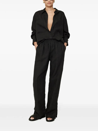 Short-Slit Linen Straight Trousers