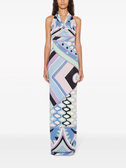 Vivara-Print Satin Halterneck Maxi Dress
