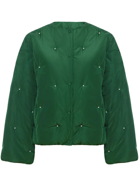 Faux Pearl-Embellished Bomber Jacket