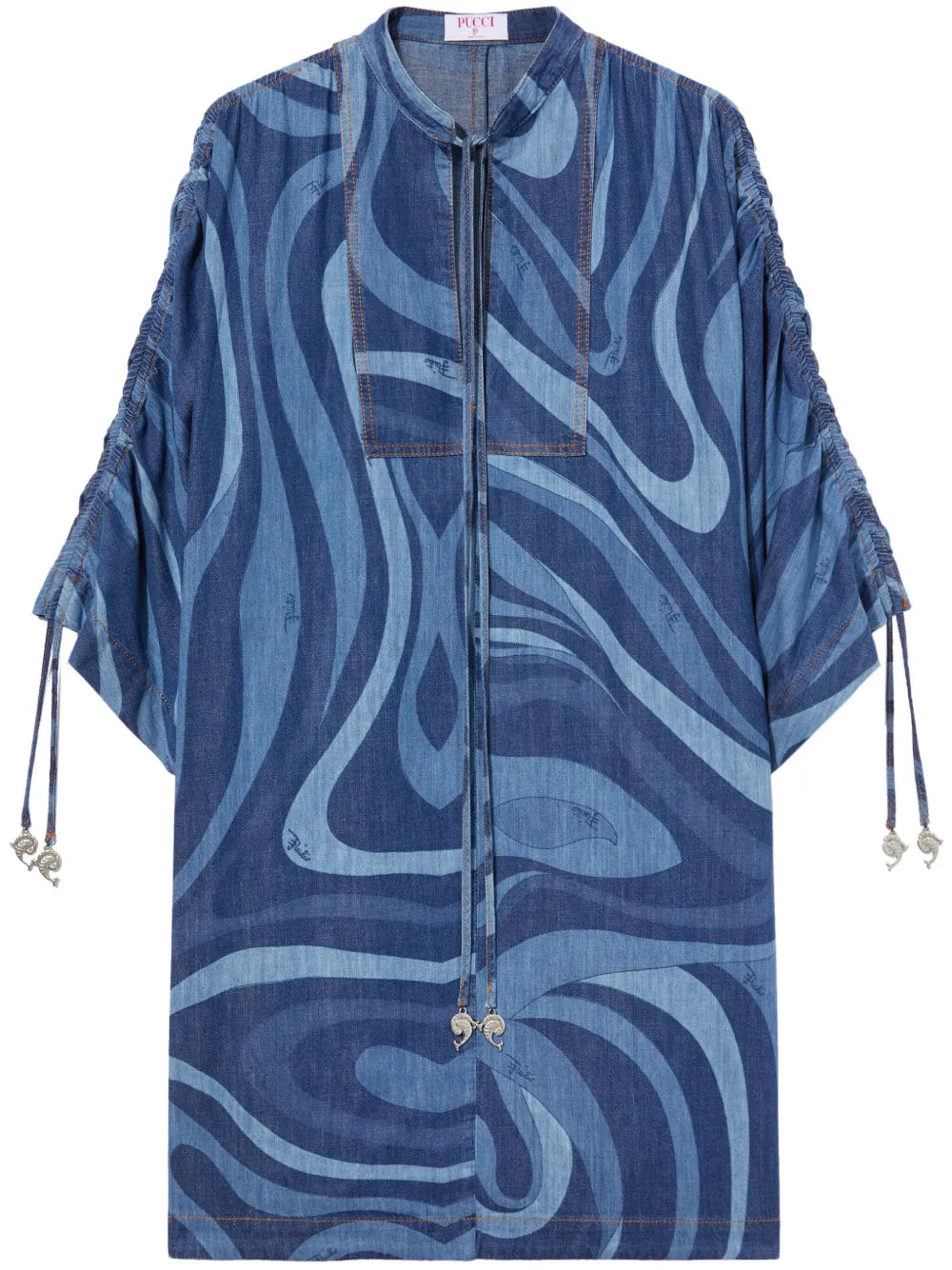 Marmo-Print Denim Kaftan Dress