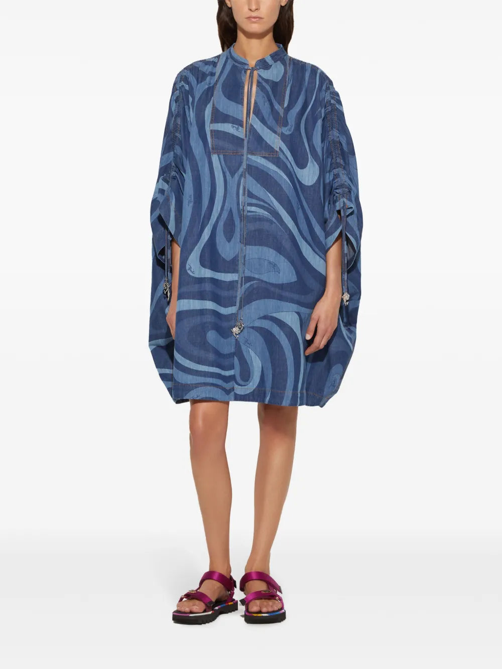 Marmo-Print Denim Kaftan Dress