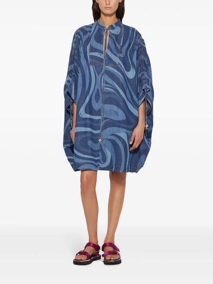 Marmo-Print Denim Kaftan Dress