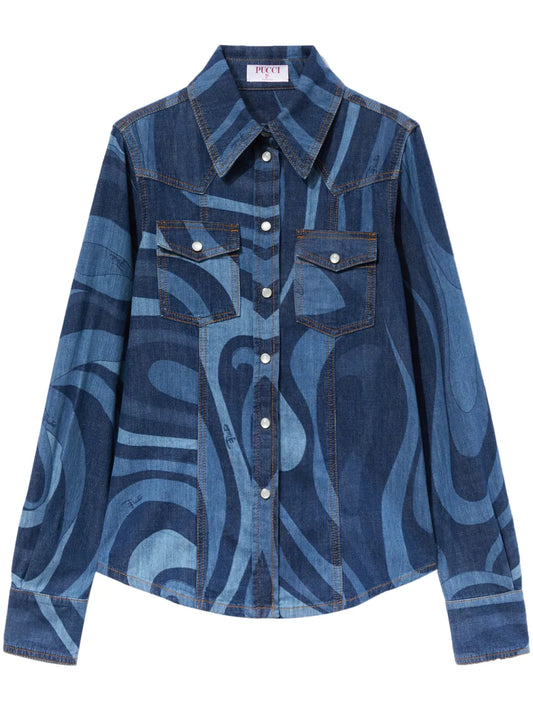 Marmo-Print Denim Shirt