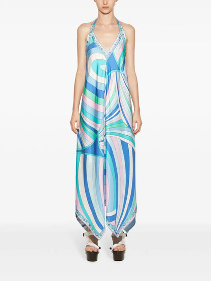 Iride-Print Halterneck Silk Dress