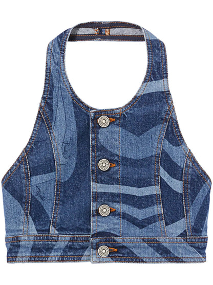 Marmo-Print Denim Crop Top