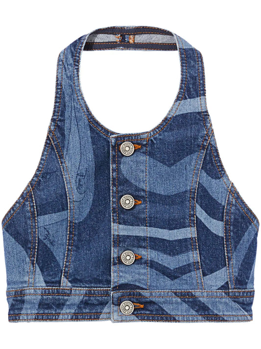 Marmo-Print Denim Crop Top