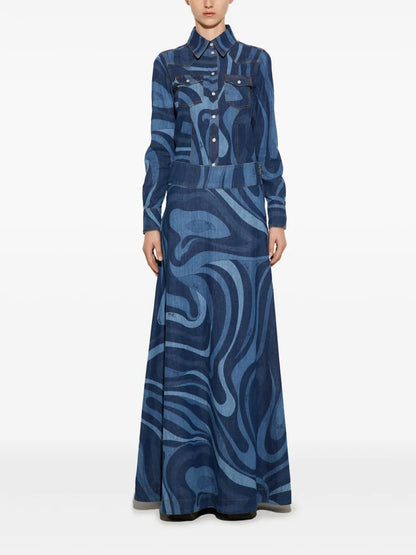 Marmo-Print Denim Skirt