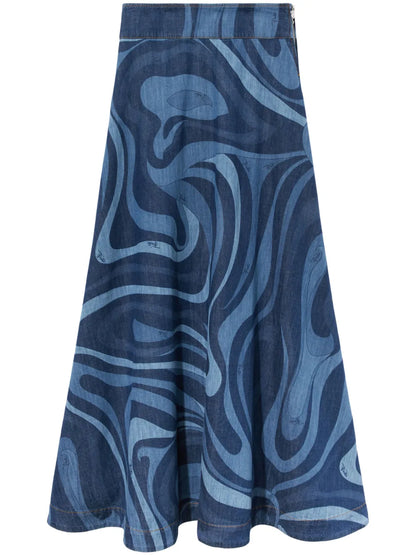 Marmo-Print Denim Skirt