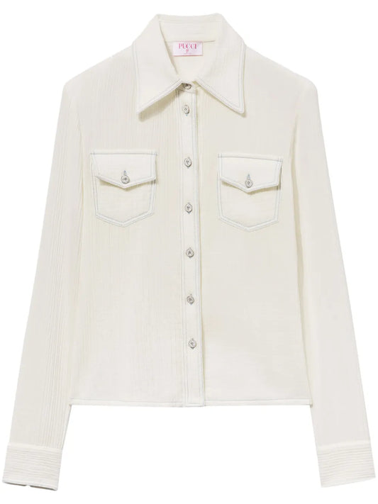 Contrast-Stitching Crepon Shirt