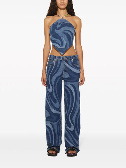 Marmo-Print Denim Top