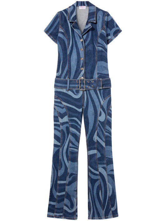 Marmo-Print Denim Jumpsuit