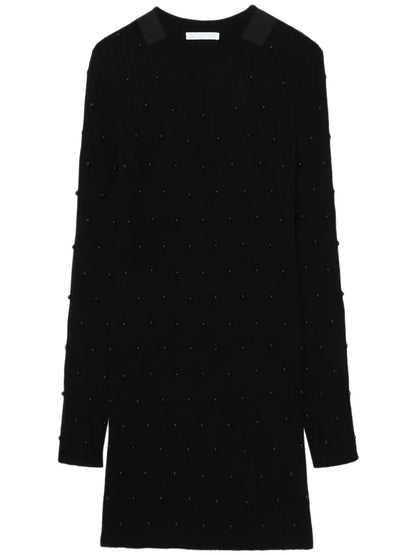 Bead-Embellished Ribbed-Knit Dress